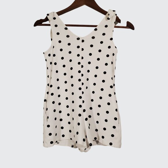 EUC GB Girls White Black Polka Dot Romper Pockets Tie Shoulder Accent Medium - Picture 2 of 9